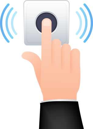 Hand push the bell button at the front door. Flat button. Fl